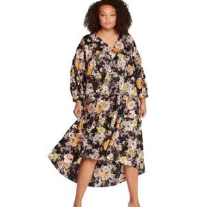 Who What Wear Black Floral Midi Dress with Yellow and Pink Accents